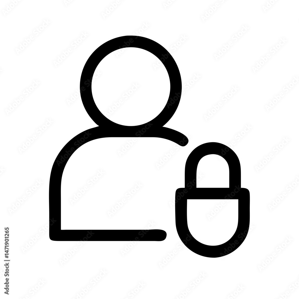 Poster minimalist black line icon of a user profile with a padlock, on a white background. for user account