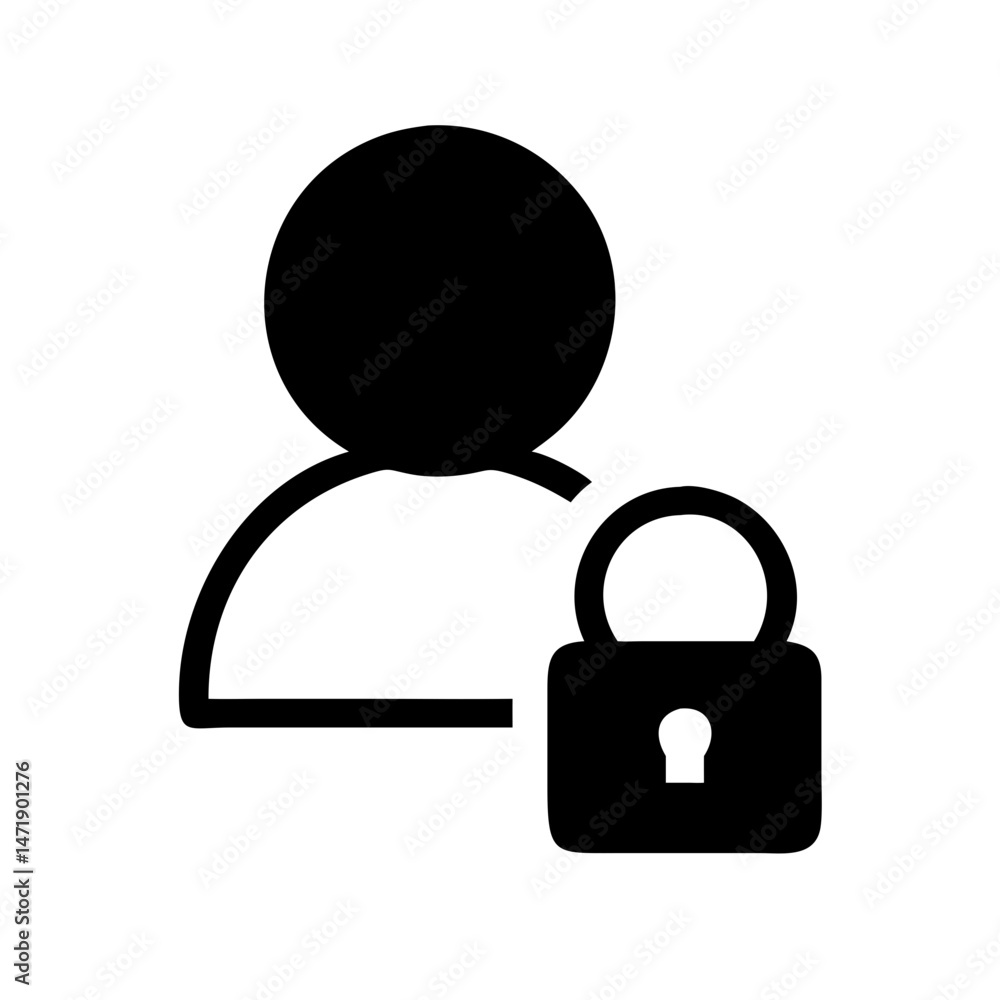 Aufkleber minimalist black line icon of a user profile with a separate, slightly overlapping padlock, on a whi