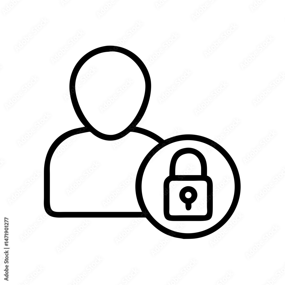 Poster minimalist black line icon of a user profile with a padlock, on a white background. for user account