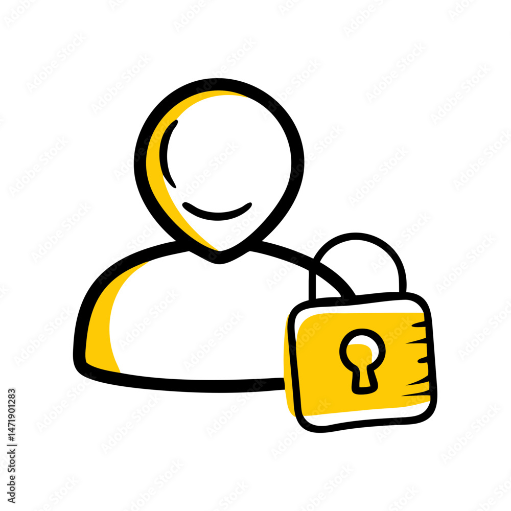 Aufkleber hand-drawn style icon of a user profile with a yellow padlock, on a white background. for user secur