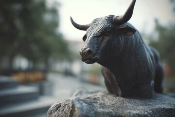 Dark bronze bull statue atop a stone pedestal.
