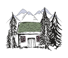 Hand drawn little house in the forest vector art