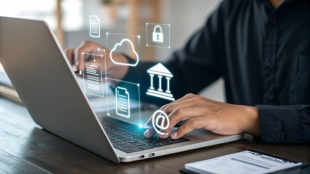 Businessman migrates file system, network and internet, storage and data transfer with cloud technology. connection and exchange of data documents, document management and folder privacy  - Powered by Adobe