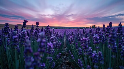 Naklejka premium Vibrant Lavender Fields Under Colorful Sunset Sky Landscape