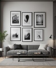 Modern living room mockup; empty black frames create a minimalist gallery wall ,  apartment,  wall art,  home decor