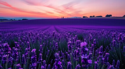 Fototapeta premium Breathtaking Lavender Field Under a Colorful Sunset Sky