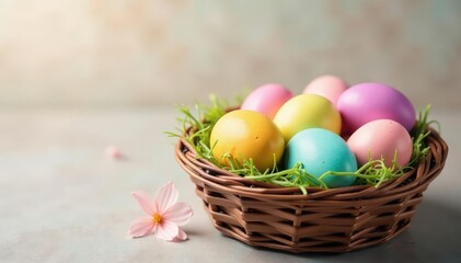 Vibrant pastel colored Easter eggs in a basket A springtime celebration , holiday, Easter celebration