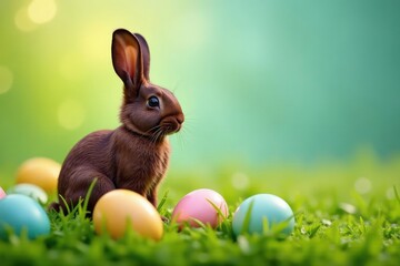 Adorable chocolate rabbit nestled in Easter grass, surrounded by colorful eggs , springtime, spring holiday, treats
