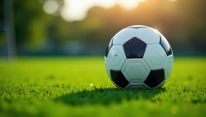 Fototapeta premium Close-up of a soccer ball on a green field, ready for kickoff , header, league