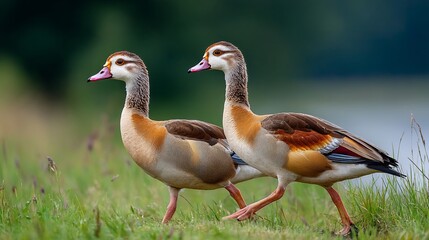 Obraz premium Two egyptian geese walking on green grass, with a lake and forest background