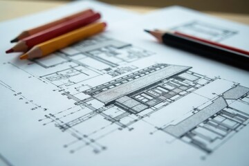 Architectural blueprints spread on a desk, pencils and scale model nearby , industrial, elevation, design