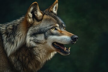 Obraz premium Shocked Gray Wolf on Dark Green Background
