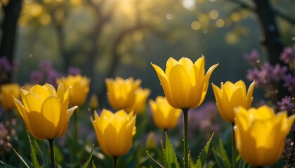 yellow tulips in bloom with fresh dew reflecting early morning light, vibrant and lush garden ambiance, spring renewal theme