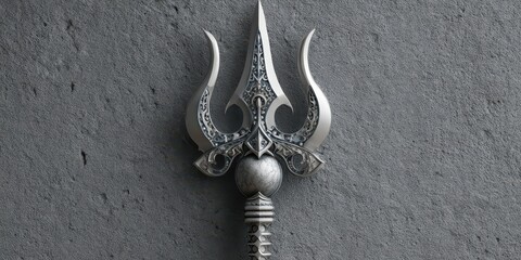 Ornate, metallic religious trident against a neutral backdrop.