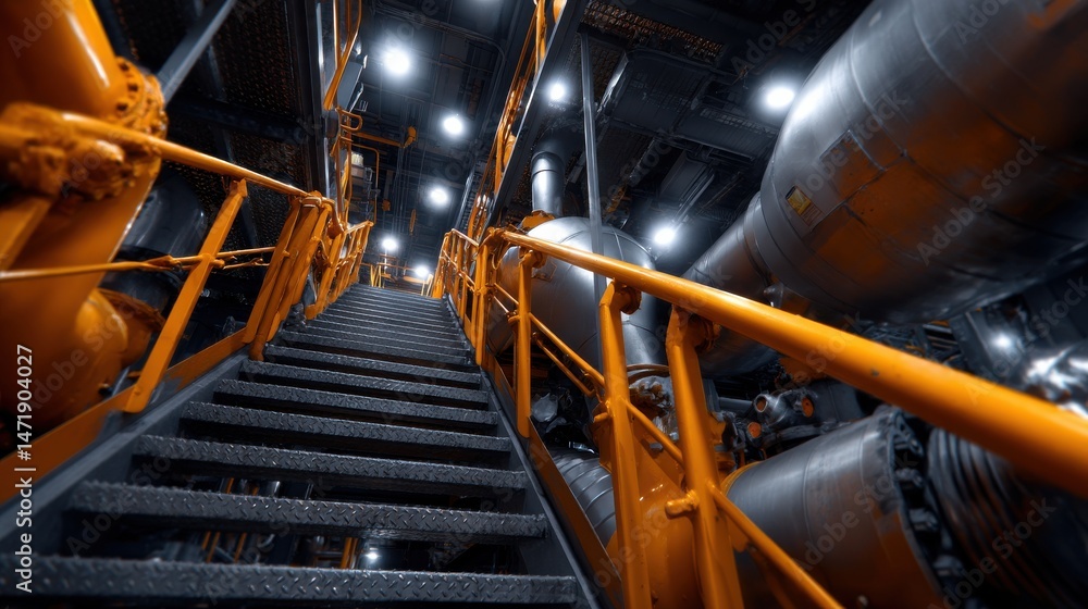 Poster a staircase in a large industrial building with a yellow railing