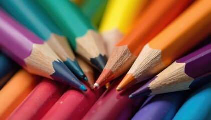 Fototapeta premium Close-up of assorted colored pencils, vibrant hues, sharpened points , sharp, writing, wood