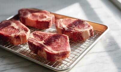 raw marbled beef steaks arranged on a wire rack over a baking tray, Generative AI