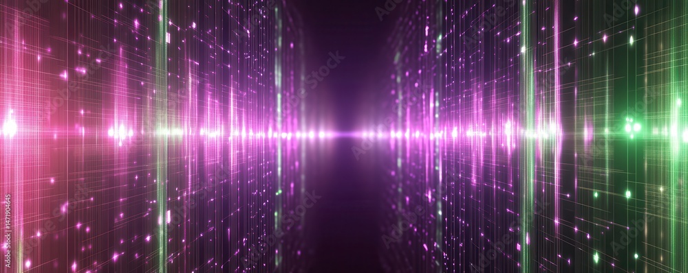 Poster Abstract Background with Glowing Pink and Green Particles and Vertical Lines in a Dark Space Futuristic Digital Art Design Energy Concept