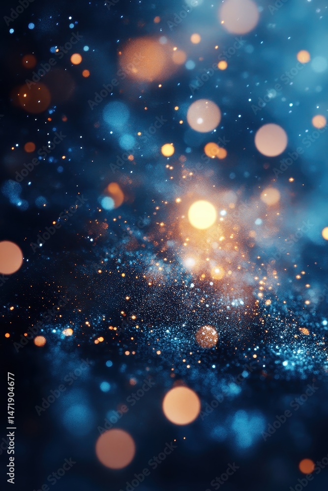 Poster abstract background of blue and golden bokeh lights festive texture with glitter shimmer and sparkle