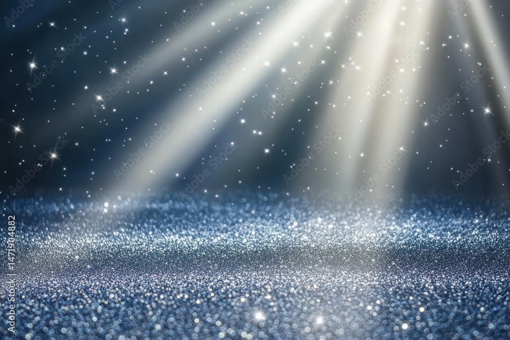 Poster abstract blue glitter background with light rays and sparkling dust for celebration event