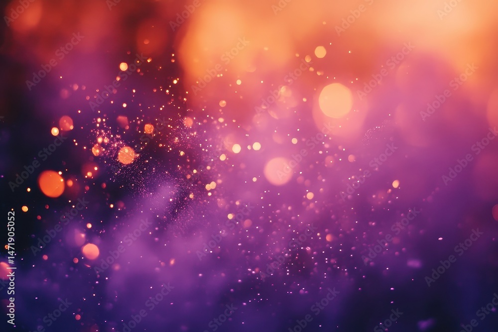 Poster Abstract Blurred Bokeh Lights with Sparkles on Dark Background with a festive color scheme of orange and purple Creates a magical and Dreamy Atmosphere Perfect for Holiday