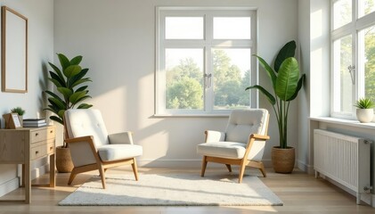 Calm, minimalist therapist's office Neutral colors, comfortable furniture, and natural light create a serene atmosphere , airy, therapy session, light