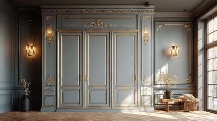 3D Rendering of Grey Wardrobe with Gold Outline in French Art Deco Style, Luxury Interior