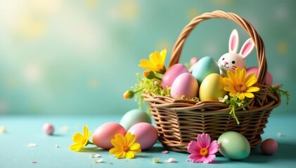 Fototapeta premium Colorful Easter eggs in a basket with spring flowers and bunny decorations , egg hunt, cheerful