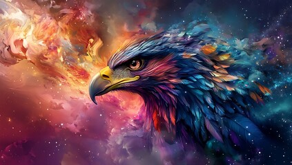 Vibrant artistic illustration of an eagle's head against a swirling nebula background