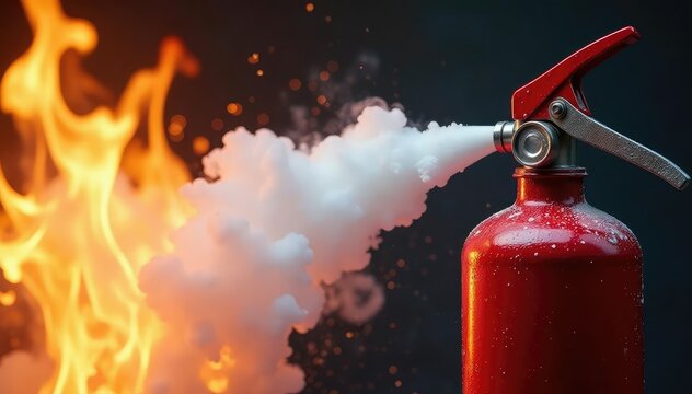 Close-up of a fire extinguisher spraying foam onto flames , fire, foam extinguisher