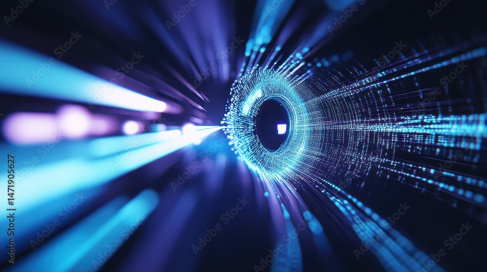 Poster abstract digital tunnel with blue glowing light streaks data stream visualization and futuristic tec