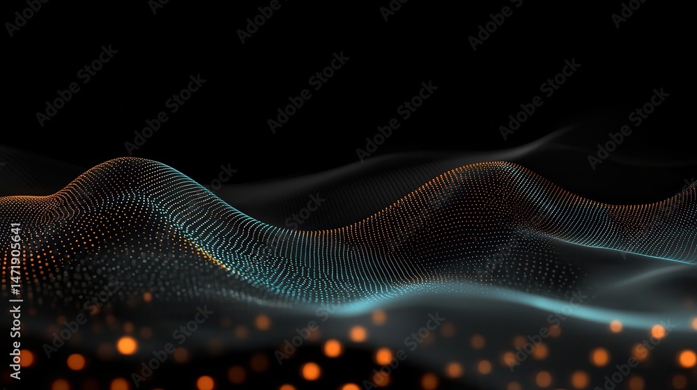 Poster abstract digital wave with glowing orange and blue dots on a black background highlighting futuristi