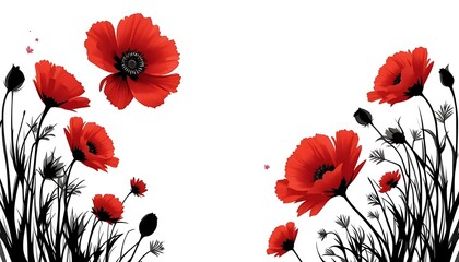 Red Flowers Border Decorative Floral Arrangement on White