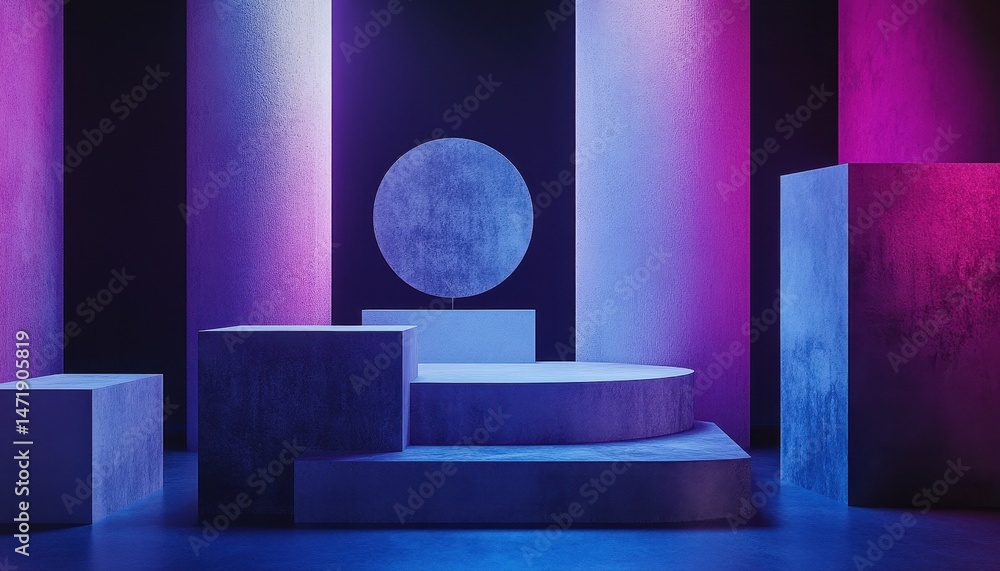 Aufkleber abstract geometric arrangement of purple and blue columns and shapes with shiny textures on a dark b