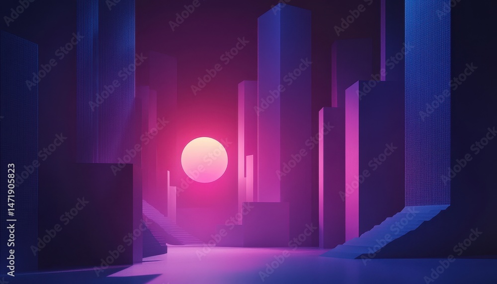 Poster abstract geometric cityscape at dusk in purple and blue tones with glowing light a modern 3d renderi