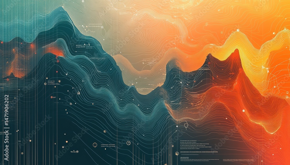 Poster abstract graphic design with orange and blue gradient and dot pattern on dark background futuristic 