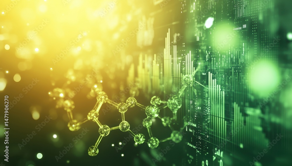 Poster abstract green and yellow molecule structure with bar graph in technological background representing