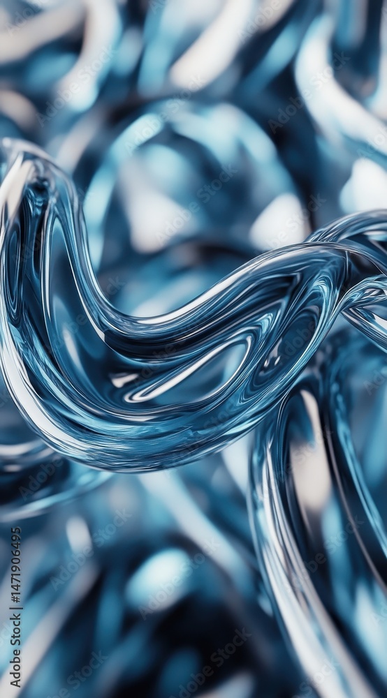 Poster Abstract Metallic Blue Fluid Flowing in a Glossy Rippling Form with Smooth Iridescent Surface Twisted in a Chrome Structure Three Dimensional Design