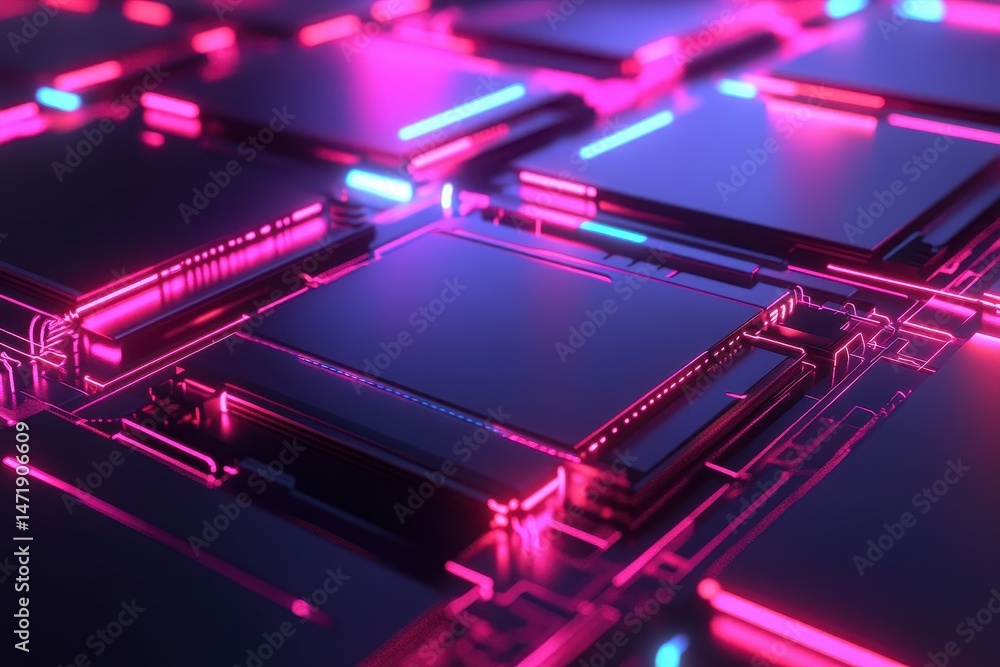 Fototapete Abstract Motherboard Circuit Board with Neon Purple and Blue Light Emitting Diode Pattern Background Microchip Technology Digital Futuristic Design for Computer Hardware System