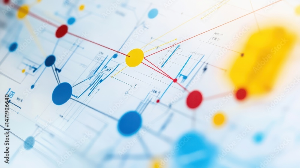 Poster Abstract Network Connection with Spheres on Technical Blueprint Background Showing Data Connections in Red Yellow Blue Colors Representing Futuristic Global Communications