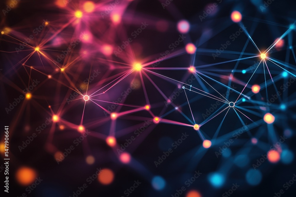 Poster Abstract Network Connection with Orange and Blue Glowing Nodes and Lines Digital Plexus Background Communication System in a Dark Cyberspace Environment