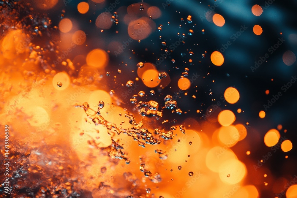 Poster Abstract Orange Water Splash with Blurred Bokeh Background in Motion and Dynamic Energy Creates a Visually Stunning Display of Natural Fluidity and Transparent Purity