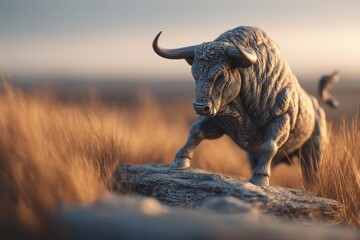 Fototapeta premium Powerful bull statue atop a rock in golden grass.