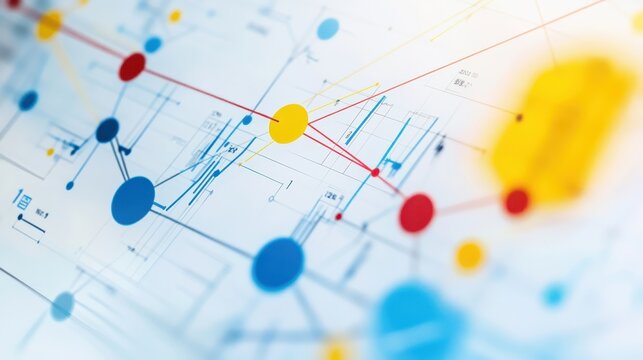 Abstract Network Connection with Spheres on Technical Blueprint Background Showing Data Connections in Red Yellow Blue Colors Representing Futuristic Global Communications