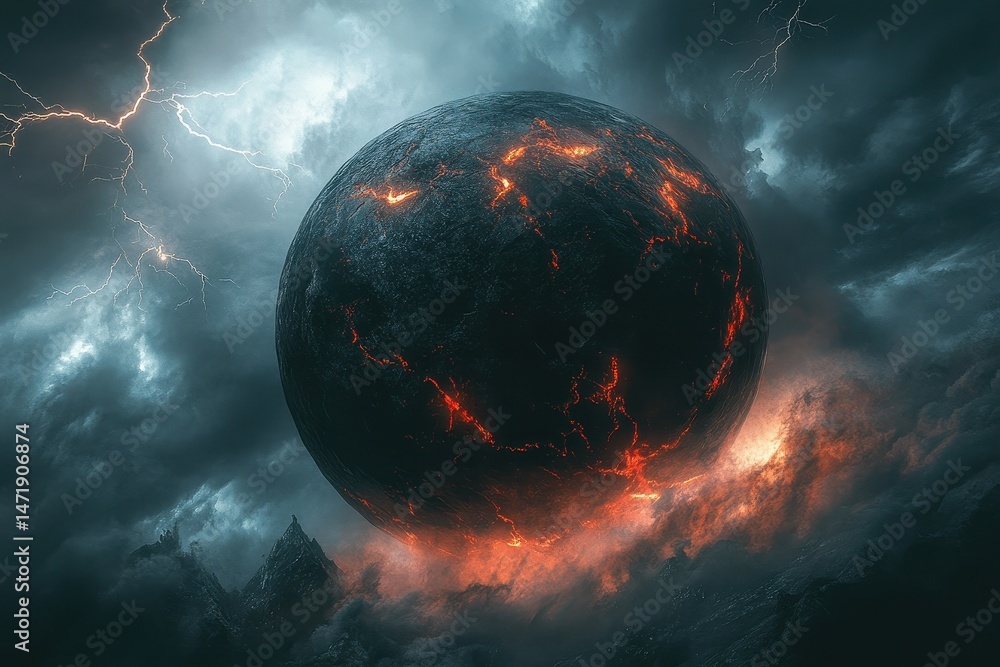 Poster Abstract Pixelated Sphere Floating Amidst Stormy Cloudscape Digital Art with Glowing Geometric Patterns and Dark Futuristic Design