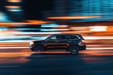 Fototapeta premium Speeding SUV with Motion Blur in Night City