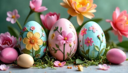 Fototapeta premium Colorful Easter eggs decorated with flowers, ribbons, and paint Perfect for spring celebrations and holiday crafting , vibrant, egg decorating