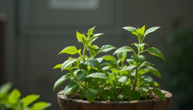 
Fresh green mint plant with vibrant leaves growing in a rustic wooden pot, soft natural lighting, minimal background, indoor herb garden vibe