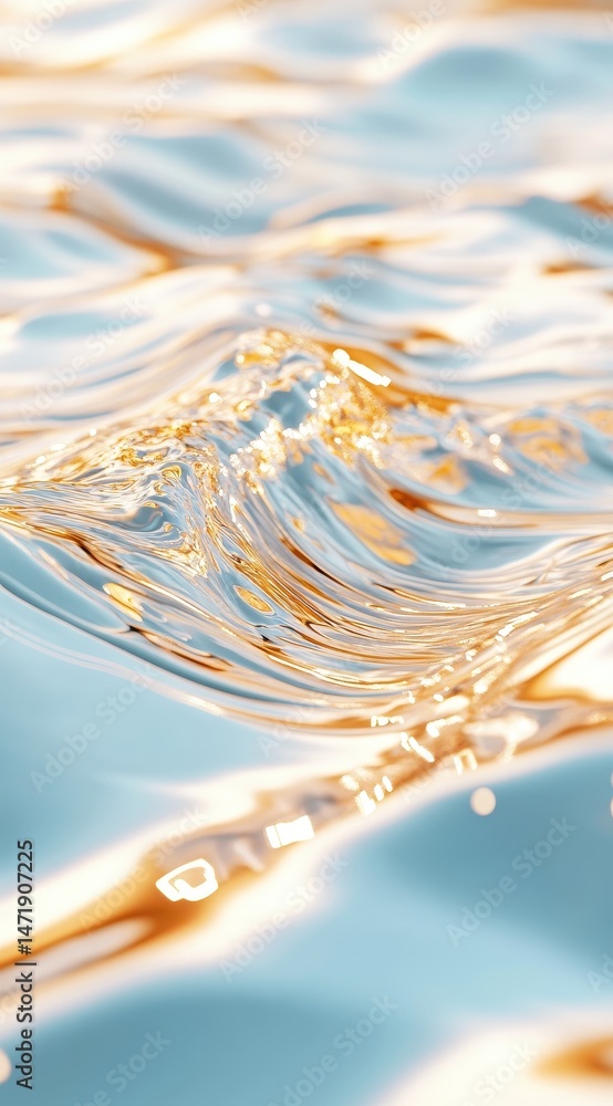 Poster abstract water surface with golden light reflections and gentle waves in a dynamic blue background