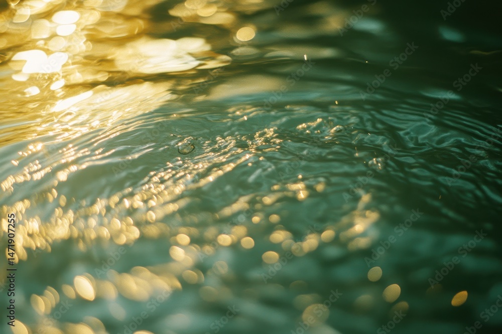 Poster Abstract Water Surface with Golden Light Reflections Creates a Dynamic and Shiny Texture in a Close Up Shot